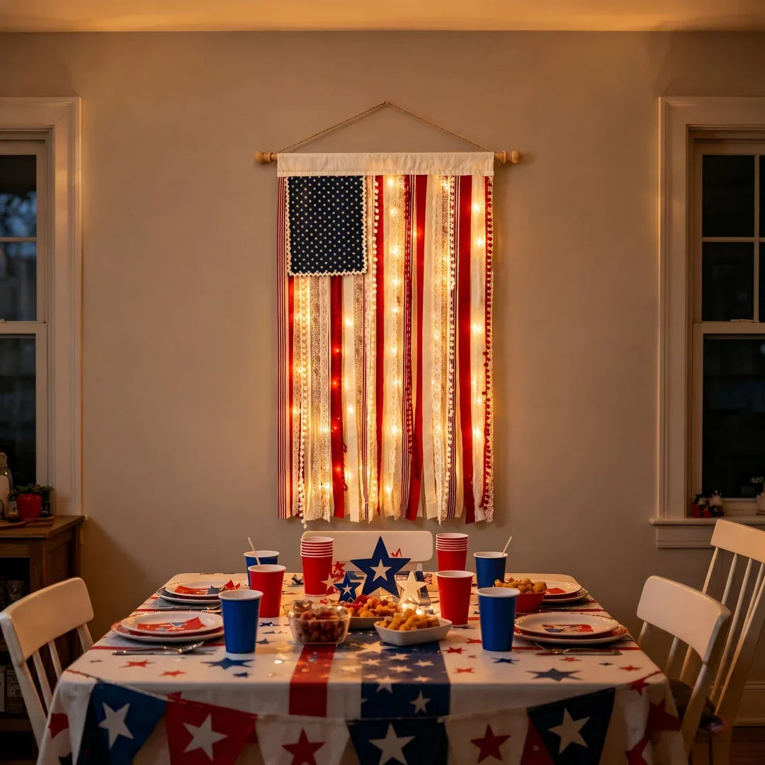 50% OFF🔥4 x 2.3 Ft Lighted Rag American Flag Banner🎆 USA 250th Celebration