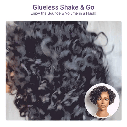 Natural Black / Brown Highlight Water Wave Pixie Cut Glueless Minimalist HD Lace Short Curly Wig