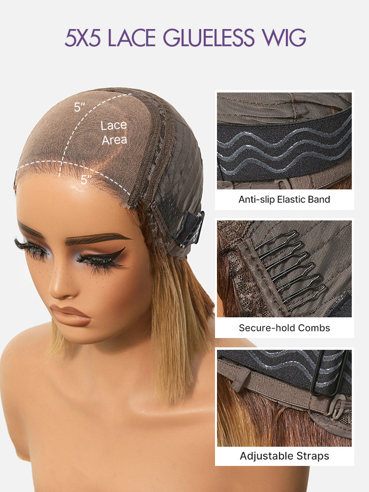 Honey Blonde Face-Framing Highlights Blow Out Layered Cut Glueless 5x5 Closure Lace Bob Wig Pre-cut Lace