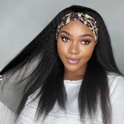 Put On & Go Glueless Kinky Straight Headband Long Wig 100% Human Hair (Get Free Trendy Headbands) - US ONLY