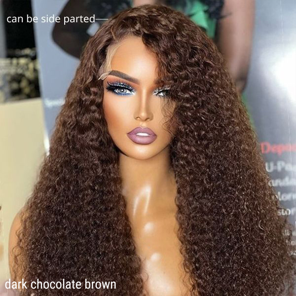 Chocolate Brown Long Curly Glueless 5x5 Closure Long Wig 100% Human Hair - US Only