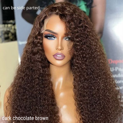 Chocolate Brown Long Curly Glueless 5x5 Closure Long Wig 100% Human Hair - US Only