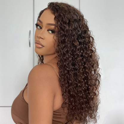 Brown Water Wave 5x5 Closure Lace Glueless Mid Part Long Wig 100% Human Hair  - US Only