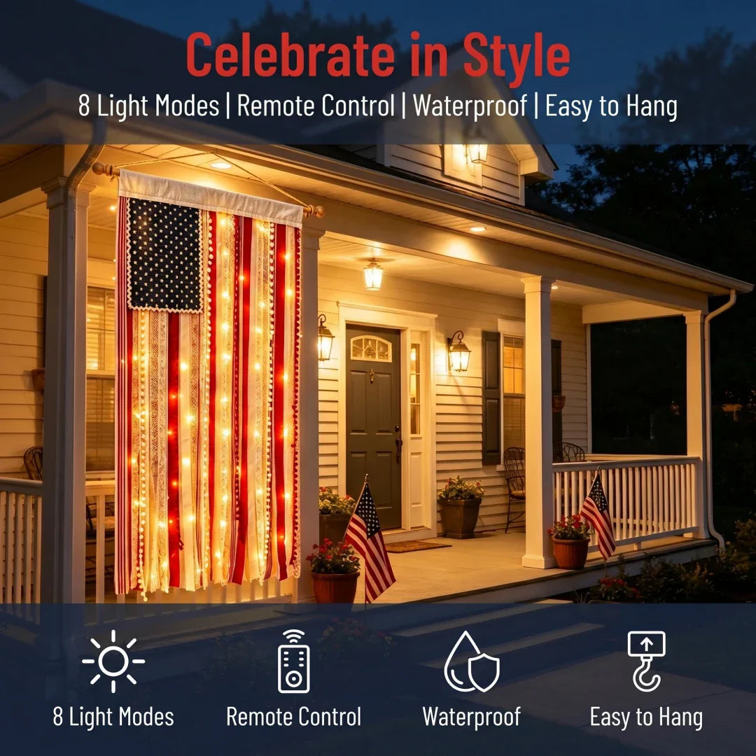 50% OFF🔥4 x 2.3 Ft Lighted Rag American Flag Banner🎆 USA 250th Celebration