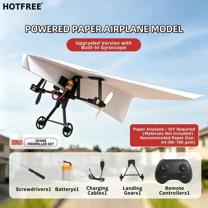 Hotfree Power-Up RC Paper Airplane Kit with Gyro Stabilizer – DIY Electric Remote Control Plane with Dual Propellers, Lightweight Foldable Flying STEM Toy