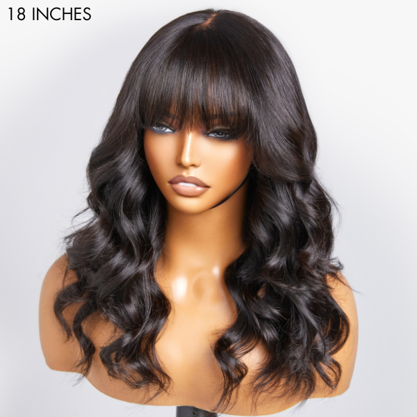 Breathable Cap Loose Wave 5x5 Closure Lace Glueless Human Hair Long Wig with Cute Bangs - US Only