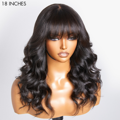 Breathable Cap Loose Wave 5x5 Closure Lace Glueless Human Hair Long Wig with Cute Bangs - US Only
