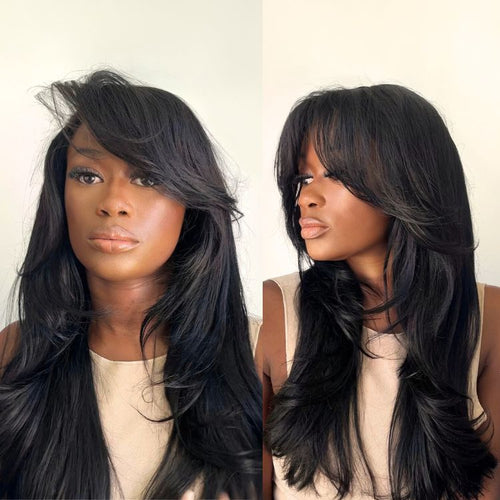 Blow Out Layered Cut C Part Glueless 5x5 Closure HD Lace Wig with Bangs| Large & Small Cap Size