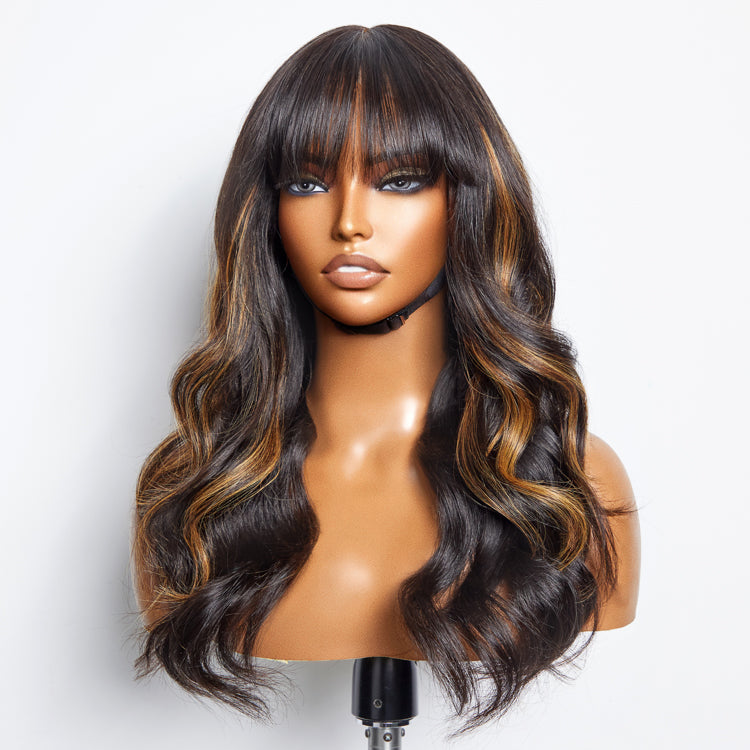 Breathable Cap Loose Wave 5x5 Closure Lace Glueless Human Hair Long Wig with Cute Bangs - US Only