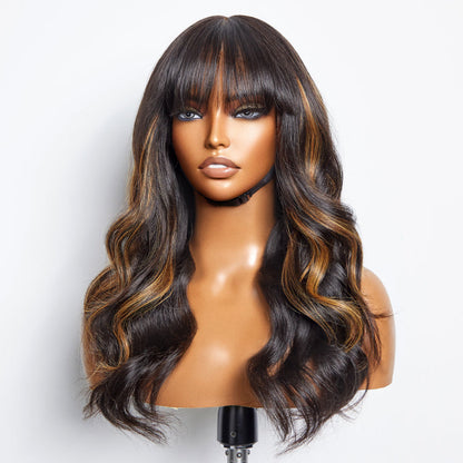 Breathable Cap Loose Wave 5x5 Closure Lace Glueless Human Hair Long Wig with Cute Bangs - US Only