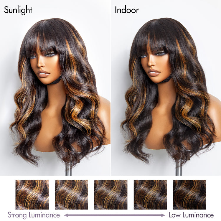 Breathable Cap Loose Wave 5x5 Closure Lace Glueless Human Hair Long Wig with Cute Bangs - US Only