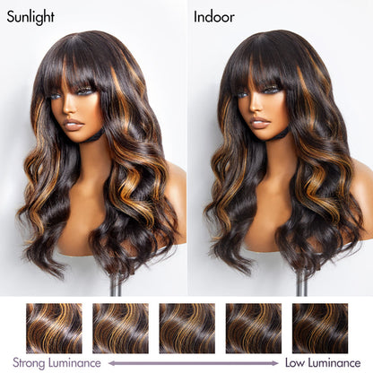 Breathable Cap Loose Wave 5x5 Closure Lace Glueless Human Hair Long Wig with Cute Bangs - US Only