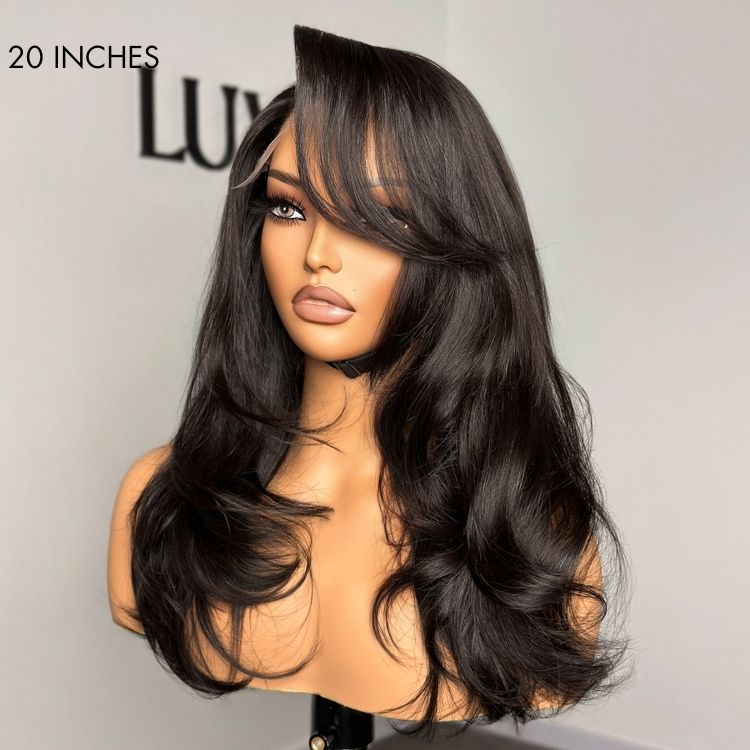 Blow Out Layered Cut C Part Glueless 5x5 Closure HD Lace Wig with Bangs| Large & Small Cap Size