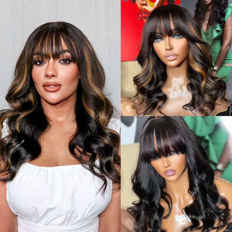 Breathable Cap Loose Wave 5x5 Closure Lace Glueless Human Hair Long Wig with Cute Bangs - US Only
