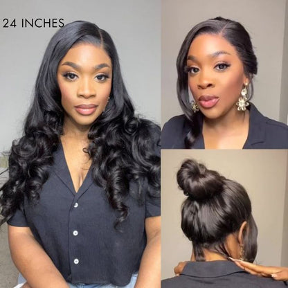 Glueless 13x6 Frontal Lace Natural Black Body Wave Side Part Long Wig 100% Human Hair - US Only