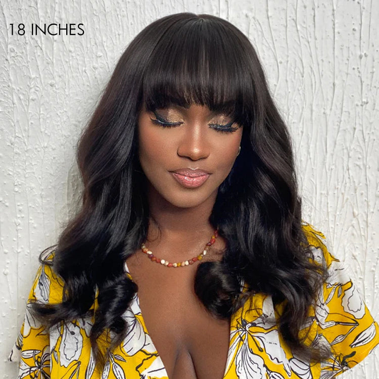Breathable Cap Loose Wave 5x5 Closure Lace Glueless Human Hair Long Wig with Cute Bangs - US Only