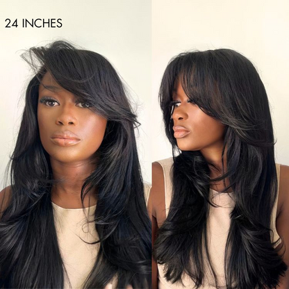 Blow Out Layered Cut C Part Glueless 5x5 Closure HD Lace Wig with Bangs| Large & Small Cap Size