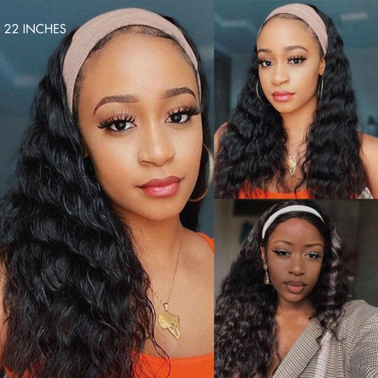 Natural Black Loose Deep Wave Glueless Headband Wig 100% Human Hair (Get Free Trendy Headbands) - US Only