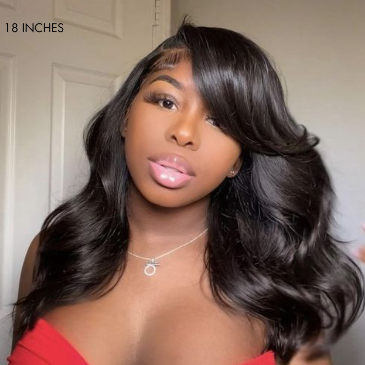 Graceful Natural Black Body Wave with Bangs 5x5 Closure Lace Glueless C Part Long Wig - US Only