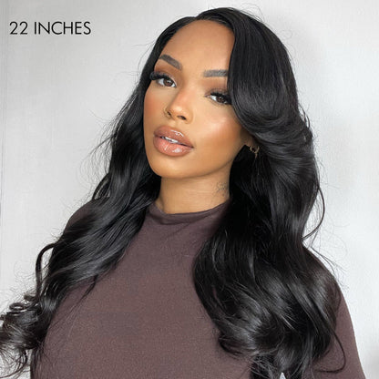 Graceful Natural Black Body Wave with Bangs 5x5 Closure Lace Glueless C Part Long Wig - US Only