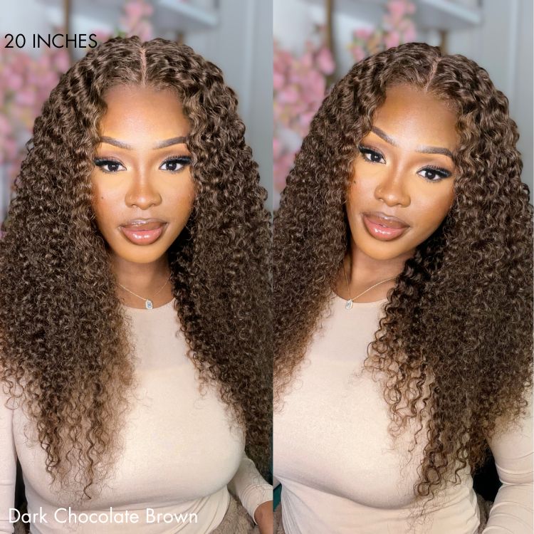 Chocolate Brown Long Curly Glueless 5x5 Closure Long Wig 100% Human Hair - US Only