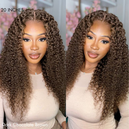 Chocolate Brown Long Curly Glueless 5x5 Closure Long Wig 100% Human Hair - US Only