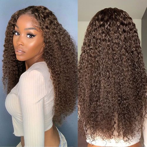 Chocolate Brown Long Curly Glueless 5x5 Closure Long Wig 100% Human Hair - US Only