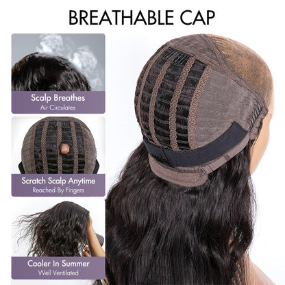 Breathable Cap Loose Wave 5x5 Closure Lace Glueless Human Hair Long Wig with Cute Bangs - US Only