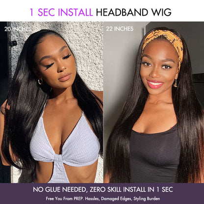 Put On & Go Silky Straight Headband Wig Beginner Friendly 100% Human Hair (Get Free Trendy Headbands) - US Only