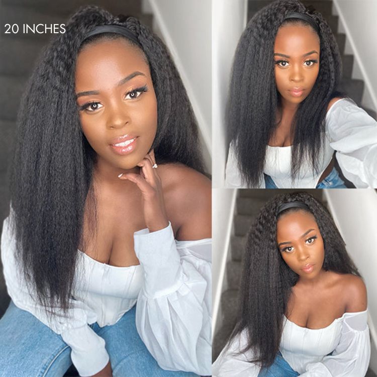Put On & Go Glueless Kinky Straight Headband Long Wig 100% Human Hair (Get Free Trendy Headbands) - US ONLY