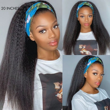 Put On & Go Glueless Kinky Straight Headband Long Wig 100% Human Hair (Get Free Trendy Headbands) - US ONLY