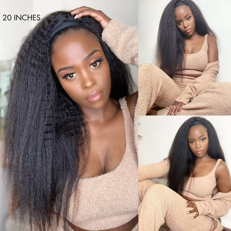 Put On & Go Glueless Kinky Straight Headband Long Wig 100% Human Hair (Get Free Trendy Headbands) - US ONLY