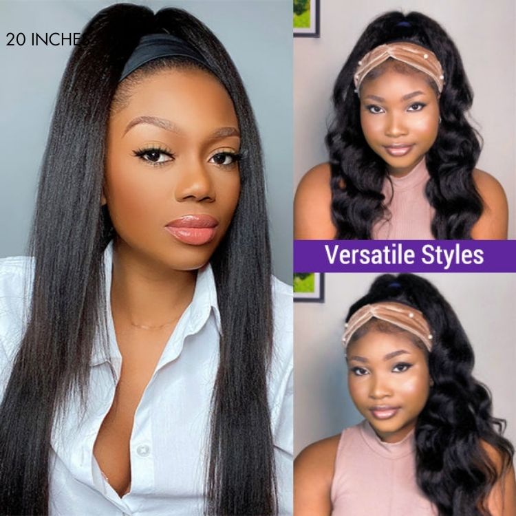 Put On & Go Glueless Kinky Straight Headband Long Wig 100% Human Hair (Get Free Trendy Headbands) - US ONLY