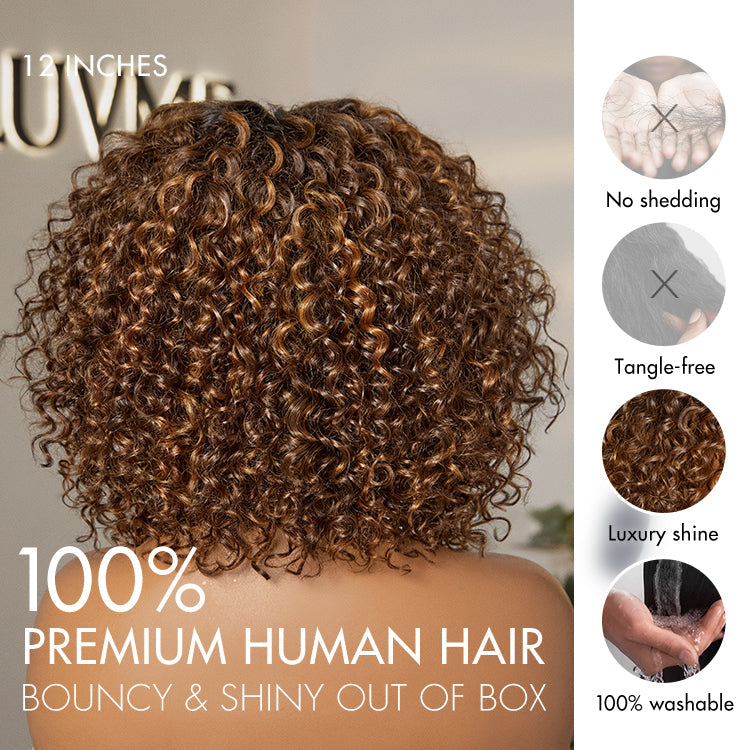 Warm Caramel Brown / Natural Black / Blonde Highlight Deep Curly Glueless 5x5 Closure Pre-Cut Lace Wig