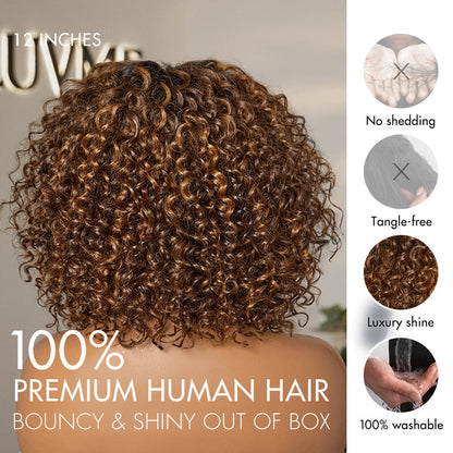 Warm Caramel Brown / Natural Black / Blonde Highlight Deep Curly Glueless 5x5 Closure Pre-Cut Lace Wig