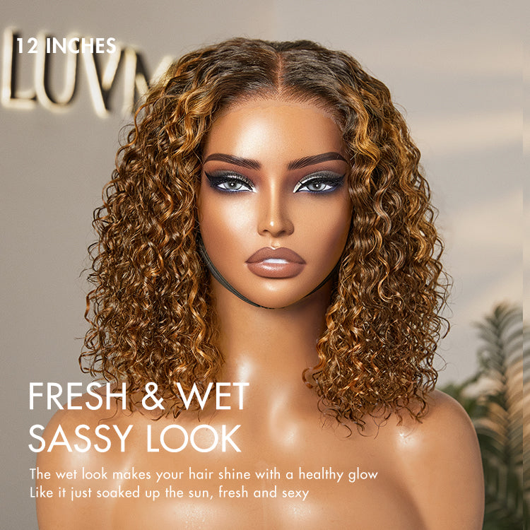 Warm Caramel Brown / Natural Black / Blonde Highlight Deep Curly Glueless 5x5 Closure Pre-Cut Lace Wig