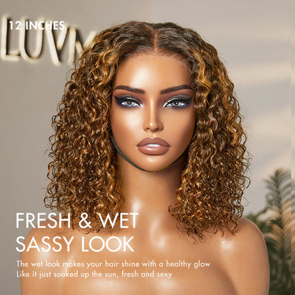 Warm Caramel Brown / Natural Black / Blonde Highlight Deep Curly Glueless 5x5 Closure Pre-Cut Lace Wig