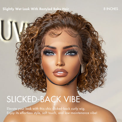 Brown Highlight / Jet Black Short Cut Slicked Back Curly Ear-to-ear Wide T Lace Wig