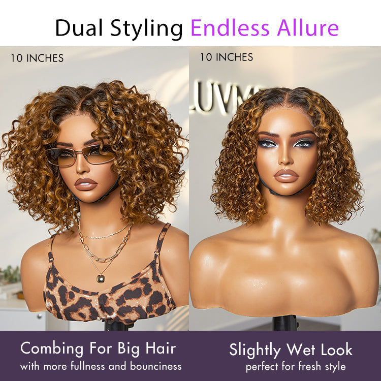 Warm Caramel Brown / Natural Black / Blonde Highlight Deep Curly Glueless 5x5 Closure Pre-Cut Lace Wig