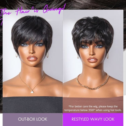 Throw On & Go Short Cut with Bangs Wig Ultra Comfort Skin-Like Soft Care Glueless Wig Hair Loss Friendly