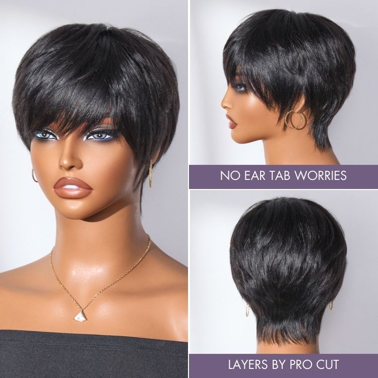 Throw On & Go Short Cut with Bangs Wig Ultra Comfort Skin-Like Soft Care Glueless Wig Hair Loss Friendly