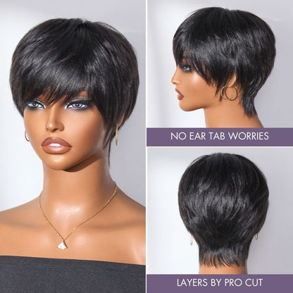 Throw On & Go Short Cut with Bangs Wig Ultra Comfort Skin-Like Soft Care Glueless Wig Hair Loss Friendly