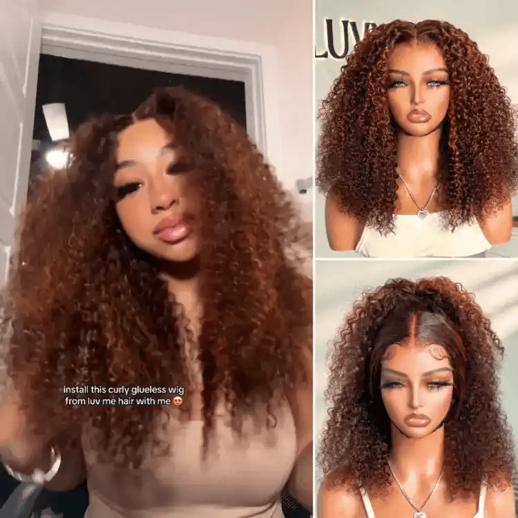 180% Density Copper Highlight Kinky Curly Glueless 5x5 Lace Closure Wig Pre-Cut Lace