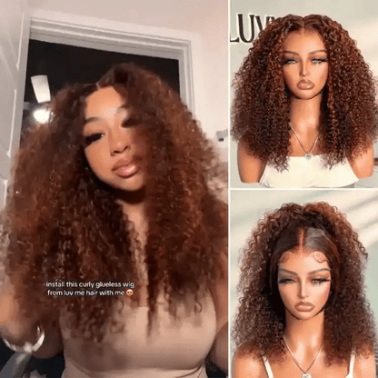 180% Density Copper Highlight Kinky Curly Glueless 5x5 Lace Closure Wig Pre-Cut Lace