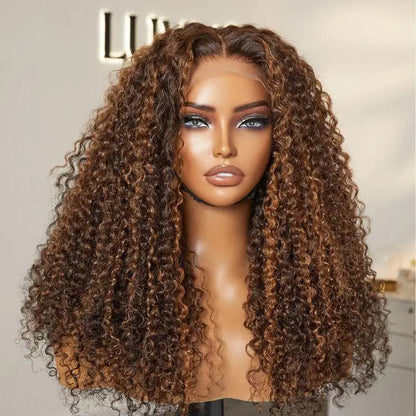 180% Density Copper Highlight Kinky Curly Glueless 5x5 Lace Closure Wig Pre-Cut Lace