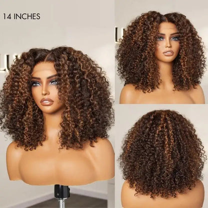 180% Density Copper Highlight Kinky Curly Glueless 5x5 Lace Closure Wig Pre-Cut Lace