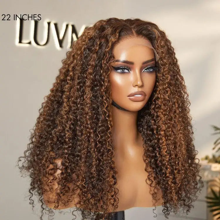 180% Density Copper Highlight Kinky Curly Glueless 5x5 Lace Closure Wig Pre-Cut Lace