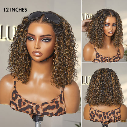 Warm Caramel Brown / Natural Black / Blonde Highlight Deep Curly Glueless 5x5 Closure Pre-Cut Lace Wig