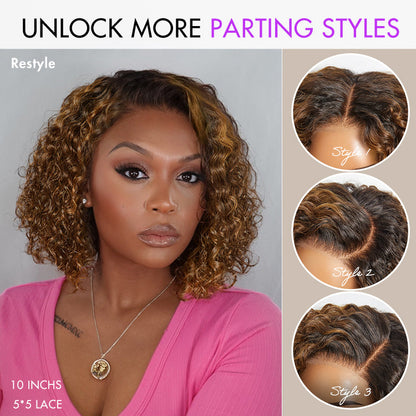 Warm Caramel Brown / Natural Black / Blonde Highlight Deep Curly Glueless 5x5 Closure Pre-Cut Lace Wig