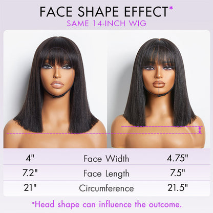 Put On and Go Brown Highlight Yaki Bob with Bangs Glueless Minimalist Lace Wig Breathable Cap